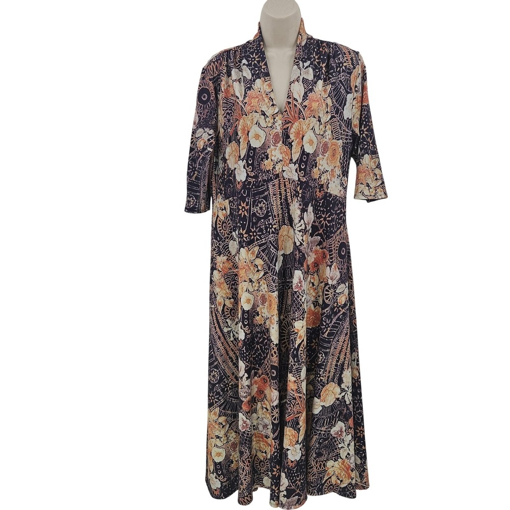 Soft Surroundings Dress Women Petite L Navy Floral Maxi Knit Preppy Boho‎ Artsy
